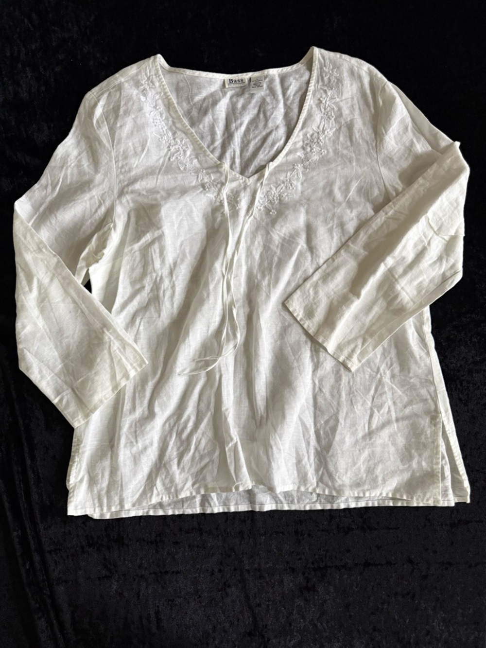 GH Bass Co Linen Cotton Blend Embroidery Top Cream White Tie Neck Coastal Boho